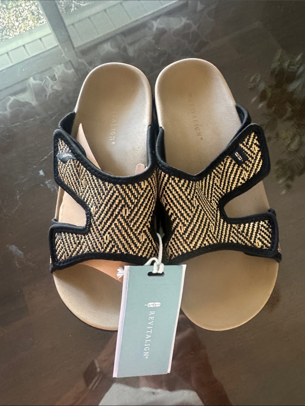 Revitalign Women's Black & Tan Comfort Slide Sandals Brand New sz9D